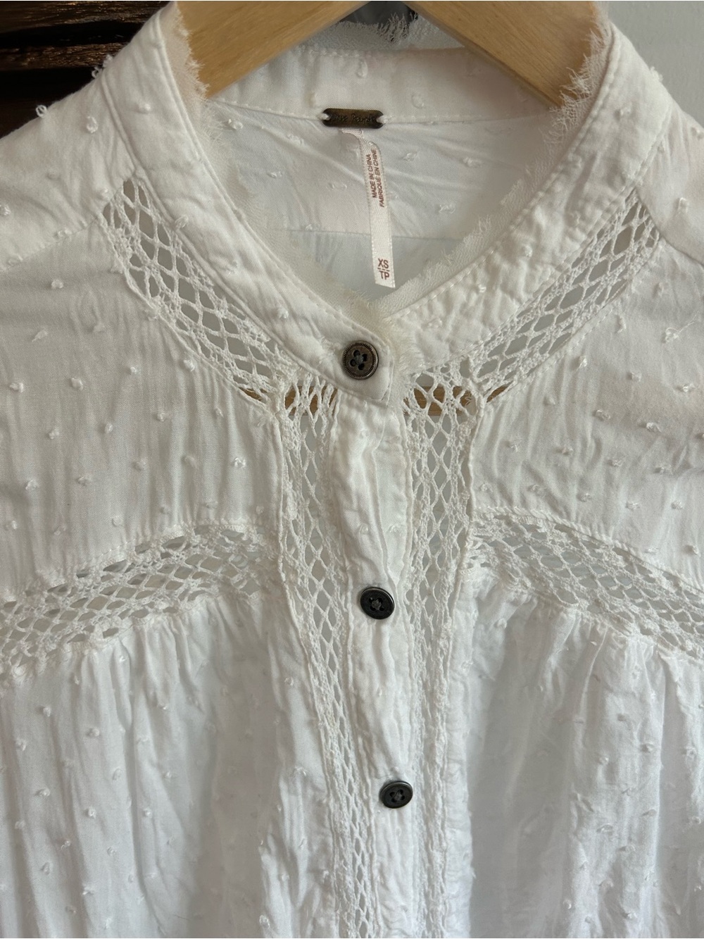 Free People White Swiss Dot Crochet Trim Button-Front Blouse - Picture 1 of 9